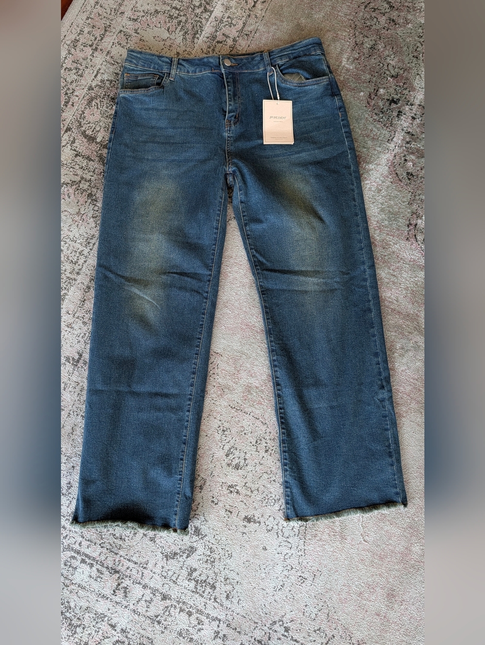At Waist-Rise Straight Leg Cropped Jeans - Dark Blue with Fading Size XL